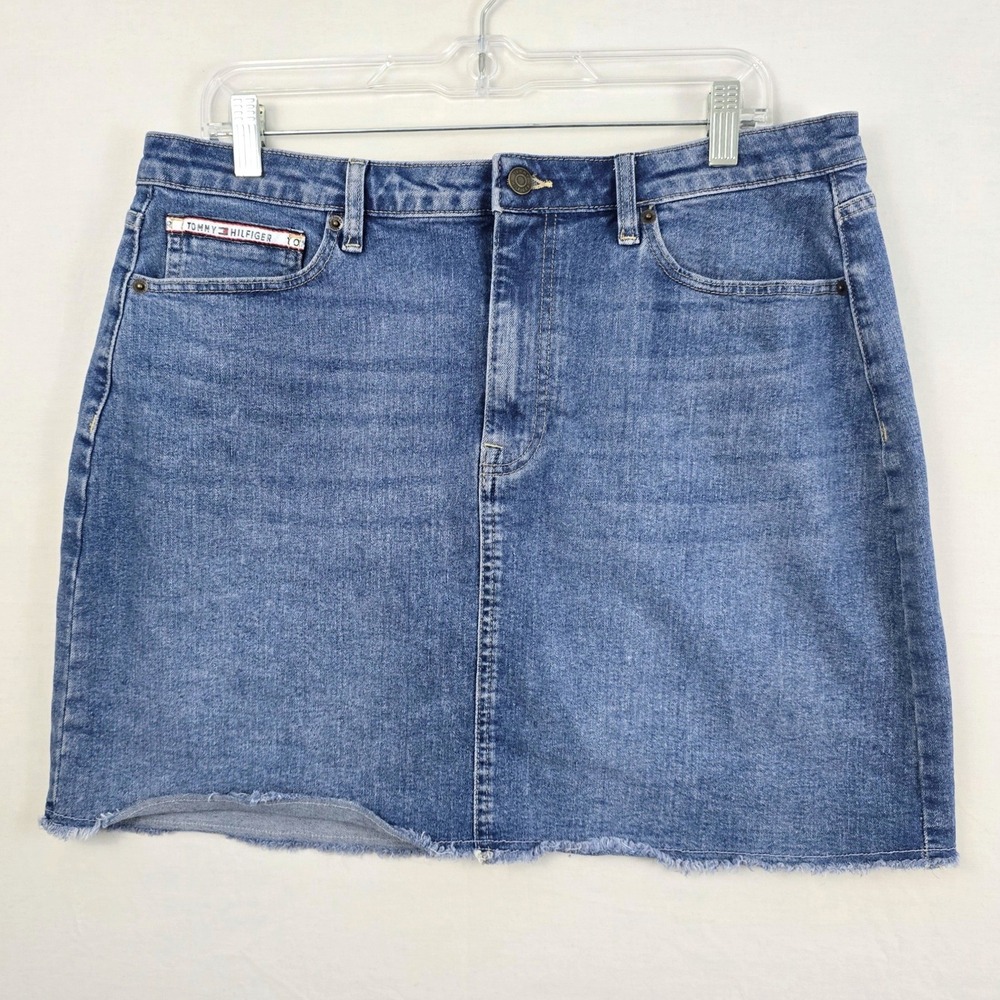 Tommy Hilfiger Frayed 5 Pocket Zip Button Closure Denim Skirt Blue 14